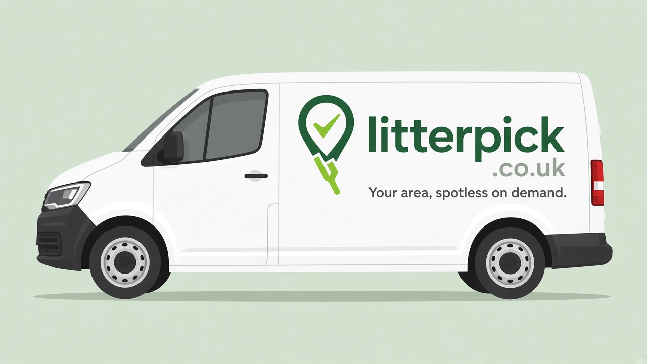 Litter Pick white van with logo and tagline Your area, spotless on demand.